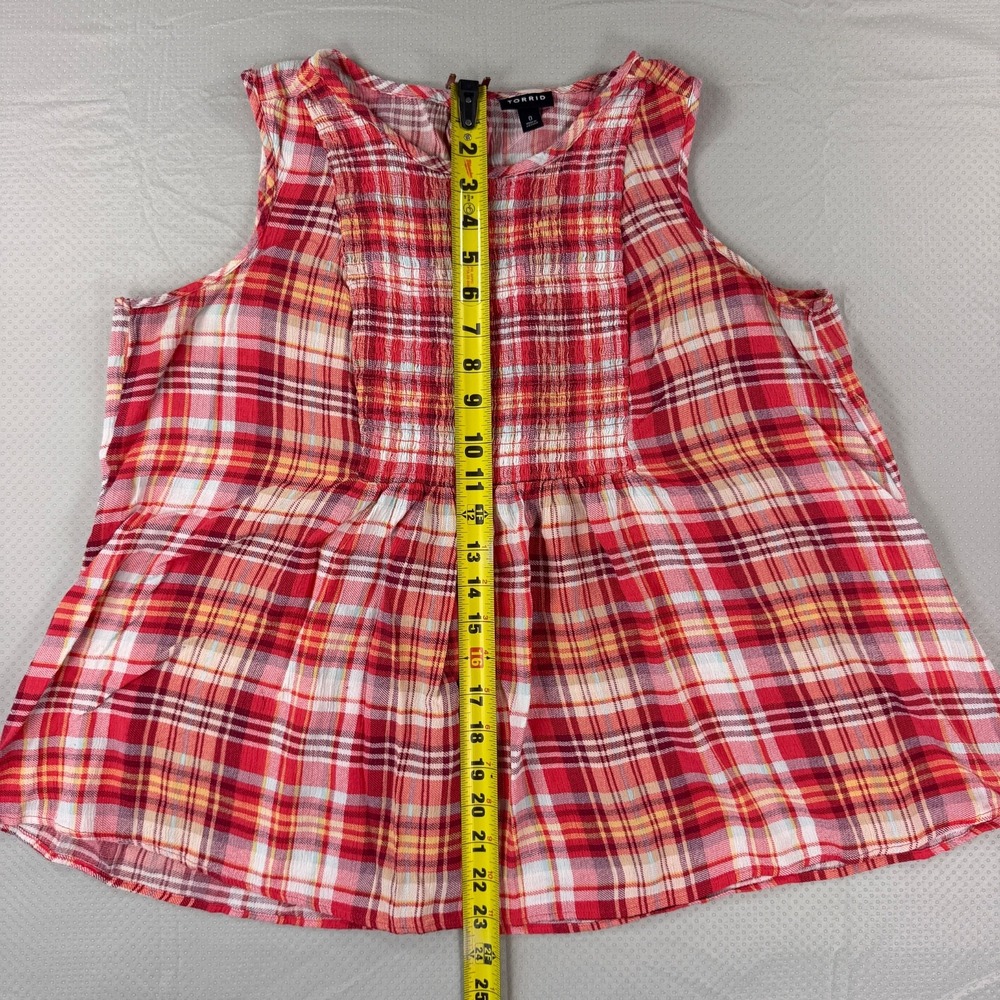 Torrid Sleeveless Smocked Babydoll Top Womens 0 L XL Plaid Red Yellow Gauze Cami - Picture 3 of 9